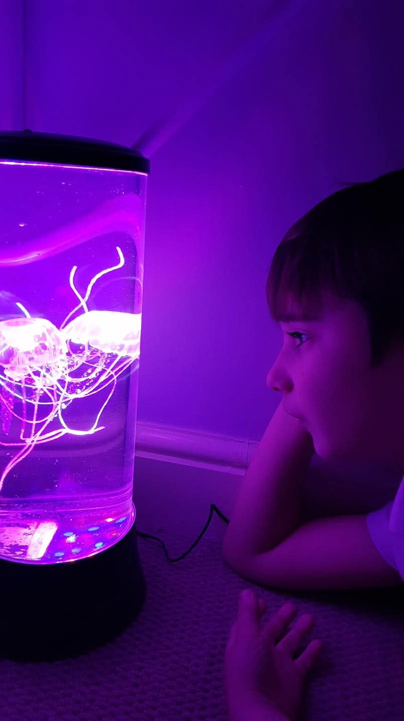 Orlagh Keane looking at a jellyfish lamp